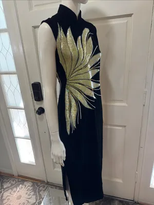 Unbranded Vintage 80s Beaded Soft Velvet Dress, Starburst Sequin Gown thumbnail 7