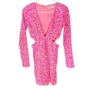 Petal & Pup Kelly Pink Sequin Velvet Mini Dress V Neck Cutout Long Sleeve Small thumbnail 9