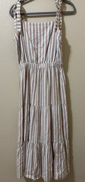 The Limited Linen Blend Tiered Midi Dress XL Beige White Stripe Tie Shoulderboho thumbnail 1