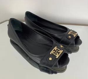 Black Leather Clines Peep-Toe Ballerina Flats thumbnail 1