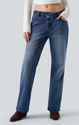 NWOT Halara Dark Wash Flex Asymmetric Low Rise Straight Leg Jeans thumbnail 1