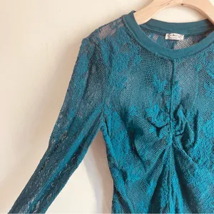 Free People Cool With It Lace Long Sleeve Top Teal Sheer Floral Mesh Size M thumbnail 5