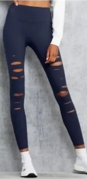 Alo Yoga Ripped Warrior Navy Blue Leggings Sz S High Waist Excellent Condition thumbnail 1