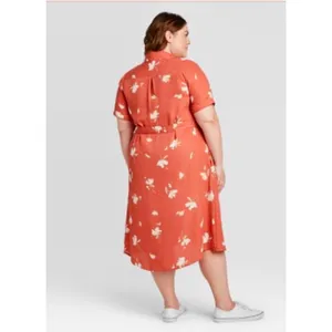 AVA & VIV Plus Size Orange Floral Dress Midi Belted‎ Pockets 1X thumbnail 3