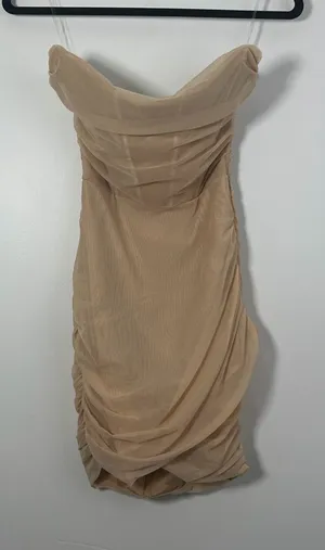 Oh Polly Nude Beige Ruched Mesh Bodycon Mini Dress Size US 4 NWT thumbnail 1