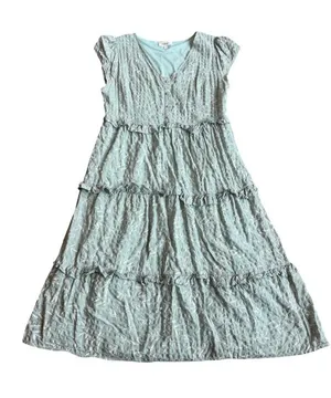 Bohme Mint Tiered Shift Dress Short Sleeve White Leaf Print Boho Size Large thumbnail 1