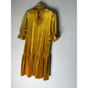 Calista Mustard Yellow Velvet Babydoll Mini Dress Ruffle Neck Puff Sleeve S thumbnail 2