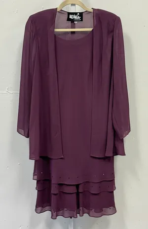 Ursula of‎ Switzerland Plum Purple 2 Piece Dress & Jacket Set Studded Tiered 10P thumbnail 1