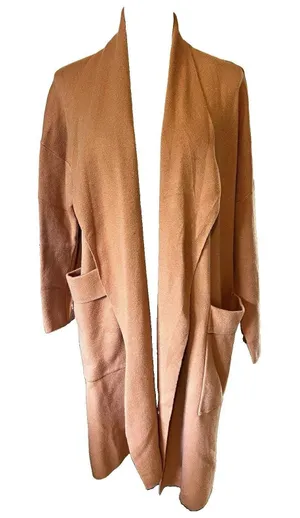 By Design Camel Long Open Front Coatigan Cardigan Pockets L M16512M Minimalist thumbnail 1