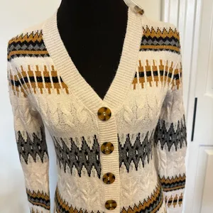 Lucky Brand Fair Isle Nordic Stripe Button Front Sweater Dress Cream NEW thumbnail 4