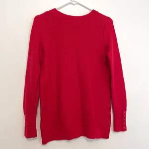 ANN TAYLOR LOFT Textured Button Cuff Sweater Bright Red 100% Cotton Crew Neck M thumbnail 11