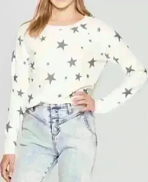 Grayson Threads off white and gray‎ star crewneck sweatshirt Sz L thumbnail 1