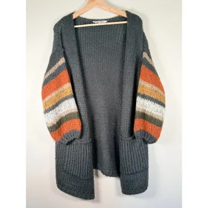 Davi & Dani Charcoal Grey Chunky Knit Striped Balloon‎ Sleeve Cardigan Medium thumbnail 2