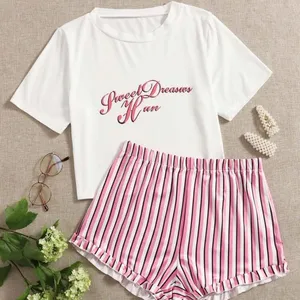 SHEIN Slogan And Stripe Print Pajama Set thumbnail 1