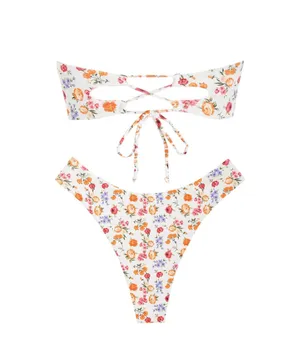 ZAFUL Women's Strapless V Wired Lace Up Ruffle Bandeau Bikini Set thumbnail 3