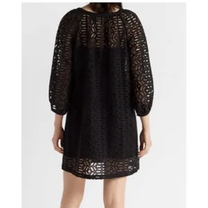 CLUB MONACO Dress Black V Neck Eyelet Balloon Sleeve Peasant Size Small‎ thumbnail 2