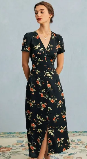 RIHOAS The Black V Neck Floral Short Sleeve Maxi Dress thumbnail 1
