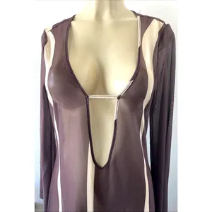 NWT Caroline Constas Brown Cover Up Maxi Dress Mesh Long Sleeve Sheer Beige M thumbnail 6