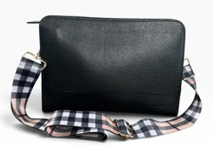 Burberry Vintage Clutch Bag Medium Black Leather Check Canvas Strap Hardware thumbnail 1