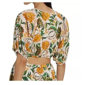 Farm Rio Biriba Fruit Puff-Sleeve Crop Top in Off White Size Small New $140 thumbnail 5