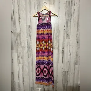 Just Love Aztec Ikat Maxi Dress Womens Medium Pink Purple Tie Dye Racerback Long thumbnail 2