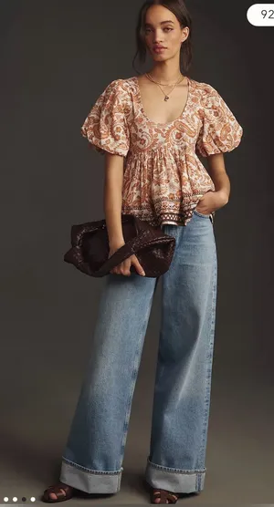 Anthropologie Puff-Sleeve Peasant babydoll Top in Rust Paisley SZ:L thumbnail 1