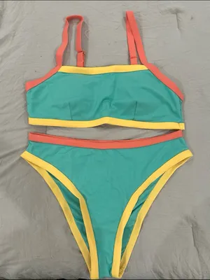 SHEIN Teal Bikini with Yellow and Coral Trim thumbnail 1