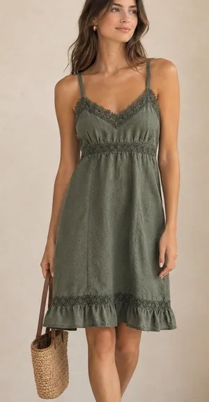 ⁠Converse One Star Sage Green Linen Blend Lace Trim Mini Dress Medium Y2K thumbnail 1
