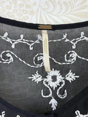 Free People Black and White Sheer Embroidered Peasant Blouse - Size - Medium thumbnail 8