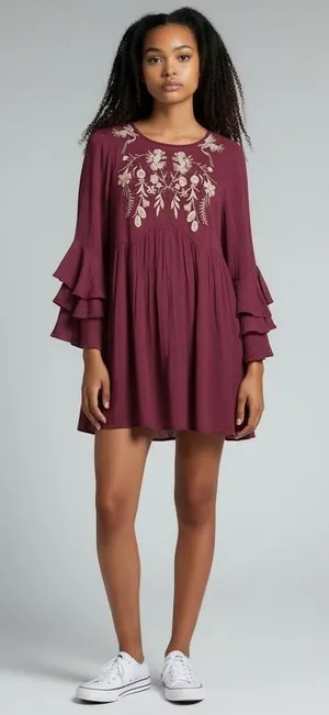 Umgee Burgundy Embroidered Floral Bird‎ Boho Mini Dress Ruffle Bell Sleeve Small thumbnail 1