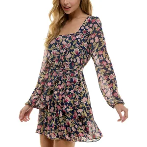 NWT City Studio Square-Neck Fit Flare Shear Lined Dress Navy Blue Multi S thumbnail 3