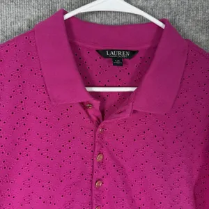 Lauren Ralph Lauren Size-L Women Pink Short-Sleeve Eyelet Polo Shirt Top thumbnail 6