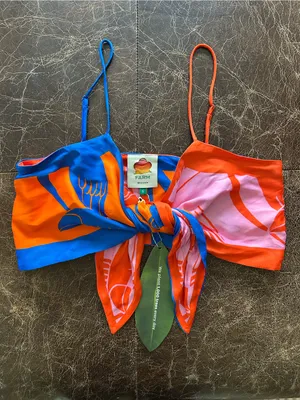 Farm Rio Mixed Rainbow Toucans Crop Top Blue Orange Pink Tie-Front Bra Top thumbnail 2