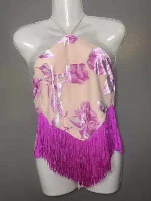 For Love & Lemons Tank Top Womens Small Pink Floral Fringe Halter Cropped Party thumbnail 2