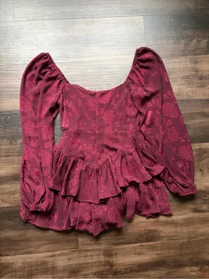Altar'd State Burgundy Long-Sleeve Ruffle Tiered Romper thumbnail 4
