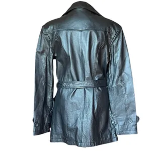 Oscar Piel 100% Leather Belted Button Front Black Coat‎ Jacket Sz M thumbnail 5