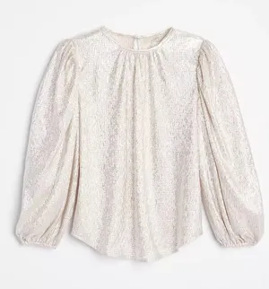 NWT Ann Taylor LOFT Size Medium Silver Textured Metallic Puff Sleeve Blouse NEW thumbnail 1
