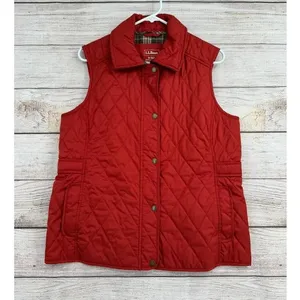 LL Bean Diamond Quilted Full Zip‎ Vest MED Rust Brown Plaid Lined Cord Collar thumbnail 2