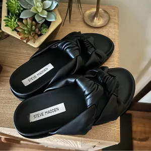 Steve Madden Melony Double Knot Black Slide Sandals Faux Leather Size 6‎ thumbnail 3