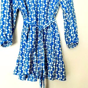 Zara Paula Blue/White Geometric Long Sleeve Mini Swing Dress Size Medium thumbnail 13