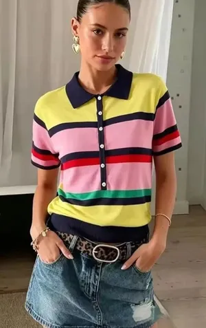 NWT Zara Multi-Stripe Short Sleeve Knit Polo Sweater Top Yellow Pink Blue Large thumbnail 1