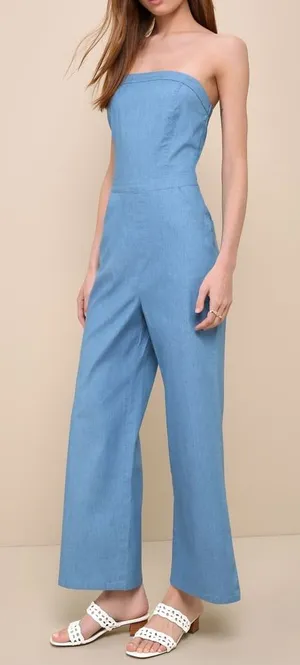 Lulus‎ Small Lovely Sunshine Medium Wash Strapless Straight Leg Jumpsuit Nwt thumbnail 1