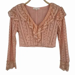 LoveShackFancy Macey Crop Top XS Rosewater Pink Lace Ruffle Long Sleeve Blouse‎ thumbnail 4