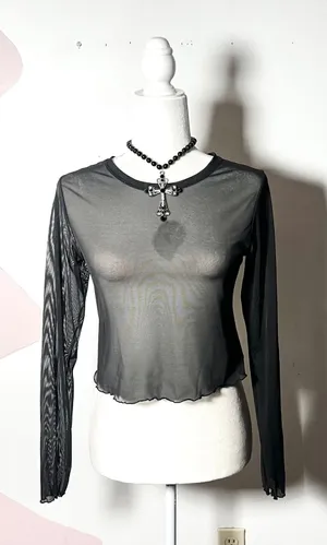 Black Sheer Long Sleeve Top Large Mesh Gothic Whimsigoth Grunge Emo thumbnail 1