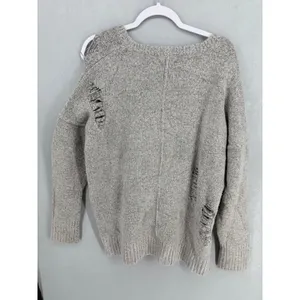 PPLA Womens Sweater Gray Distressed Shredded V-Neck Knit Medium thumbnail 3