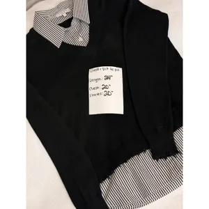 J. Society Layered Sweater Shirt S Black V-Neck Striped Collar Distressed Hem thumbnail 6