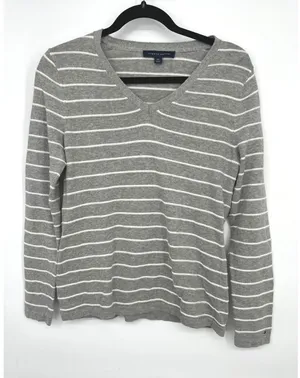 Tommy Hilfiger Sweater Womens Small Gray Striped V-Neck Pullover‎ Preppy Coastal thumbnail 1