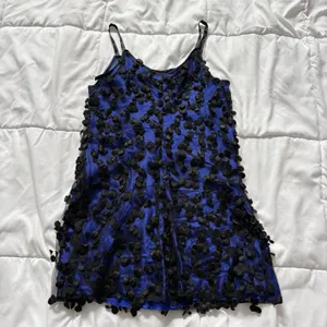 Vintage 80s 90s Mini Cocktail Dress Blue‎ Black Dainty Romantic Feminine Whimsy thumbnail 6