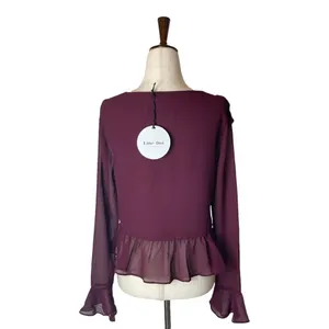 Line & Dot Revolve Burgundy‎ Violet Ruffled Long Bell Sleeve Blouse Size XS thumbnail 4