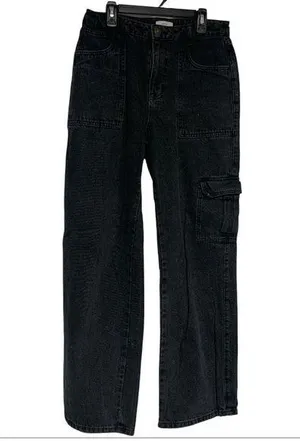 Forever 21 Cargo Denim Jeans Relaxed Straight Leg faded black women’s size 28 thumbnail 1